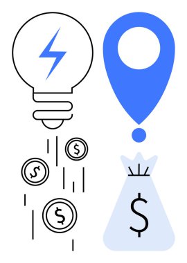 Bozuk paralı ampul, dolar işaretli para çantası, ve lokasyon rozeti finansal yenilikleri, yaratıcı gelir fikirlerini, yatırım fırsatlarını ve girişim iş modellerini temsil ediyor. İdeal
