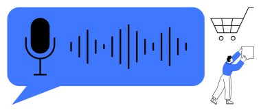 Ses komuta teknolojisi. Mikrofon, ses dalgaları ve e-ticaret alışveriş arabası alışverişte sesli komuta rolünü ön plana çıkarıyor. Yapay zeka arayüzleri, akıllı evler, perakende, otomasyon için ses komutu