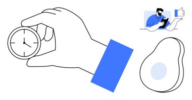 Üretkenlik, zaman yönetimi, dijital iletişim, refah yaşam tarzı, sağlık izleme, modern minimalizm. Elinde bir saat, elinde bir cihaz ve soyut bir şekil olan bir insan. Zaman yönetimi