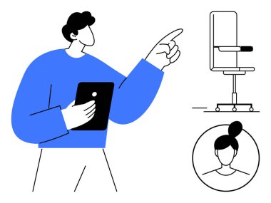Uzaktan çalışma, ofis kurulumu, iş birliği, dijital iletişim, takım yönetimi, modern kimlik. Elinde tablet ve işaret eden bir kişi, bir ofis sandalyesi ve profil ikonu. Uzak çalışma