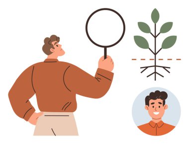 İnsan, büyüteçleri bitkiye doğru tutar, büyümeyi ve kökleri gözlemler. Eğitim, ekoloji, analiz, araştırma, sürdürülebilirlik, gelişim merakı için ideal. Basit düz metafor