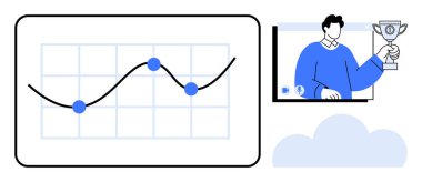 Veri büyüme grafiği, elinde kupa olan bir iş adamı ile görüntülü görüşme. Ticari başarı, analitik, başarı, takım çalışması, sanal işbirliği, liderlik ve motivasyon için ideal