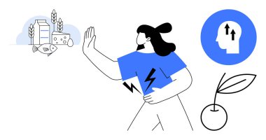 Gıda alerjisi illüstrasyonu. Laktoz, balık ve buğday hassasiyeti sembolleriyle besin alerjisi. Gıda alerjileri eğitim, sağlık, beslenme, sağlık ve yaşam tarzı konuları hakkında farkındalık