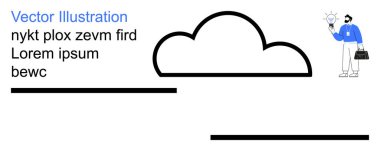 Yenilik, yaratıcılık, fikir üretimi, teknoloji, beyin fırtınası, bulut depolama. Ampul tutan bir profesyonelle minimalist bulut çizimi. Yenilik ve yaratıcılık kavramları