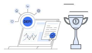 Merkezi olmayan bir finans sistemi ve dizüstü bilgisayar ekranında sertifikalı bir belge. Başarı kupası DeFi 'de başarıyı vurguluyor. Engelleme zinciri, fintech, yenilik, yatırım ve finans için