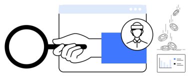 Kimlik doğrulama, çevrimiçi dolandırıcılık tespiti, siber güvenlik, kişisel veri koruması, online işlemler, analitik. Büyüteç, profil simgesi bozuk paralar ve grafikler. Kimlik