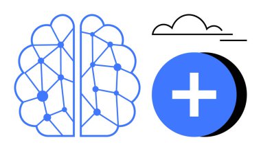 Yapay Zeka sinirsel ağları ve beyin, tıbbi haç ve bulut ikonu olan sağlık hizmetleri. Teknoloji, tıp ve veri işleme konusunda yapay zeka. Yenilik ve gelecek için harika.