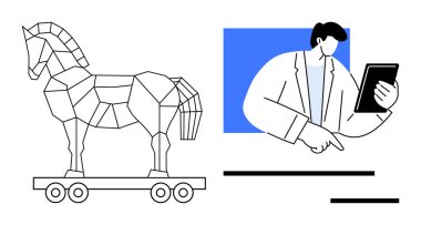 Siber güvenlik, bilişim güvenliği, online dolandırıcılık, dijital tehdit, kimlik doğrulama, kötü amaçlı yazılım. Truva atı, elinde tablet tutan bir profesyonelin yanında. Siber güvenlik ve bilişim güvenlik fikri