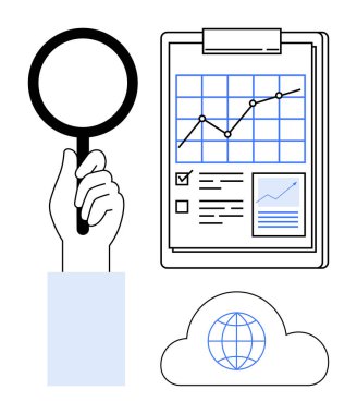 Veri analizi, bulut depolama, küresel ağ, piyasa araştırması, istatistik, iş büyümesi. El ele tutuşan büyüteç, çizelge bulutu ve dünya ikonu. Veri analizi ve bulut deposu
