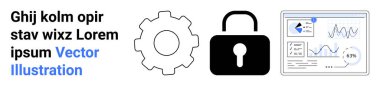 Cybersecurity, workflow optimization, data visualization, privacy, risk management, software tools. Gear symbol, lock icon and data analytics screen. Cybersecurity and workflow optimization concept