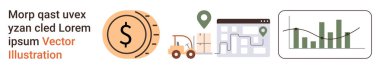 Finansal planlama, lojistik hizmetler, navigasyon, veri analizi, iş yönetimi, piyasa eğilimleri. Dolar parası, forklift harita çubuğu ve çizgi grafiği. Mali planlama ve lojistik kavramı