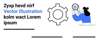 Kadın büyüteç, vites ve yer tutucu metinleriyle grafiği inceliyor. Analiz, takım çalışması, yenilik, planlama, araştırma, teknoloji için ideal basit iniş sayfası