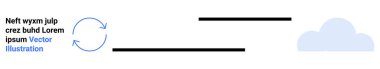 Data sharing, cloud storage, digital workflow, technology, synchronization, file transfer. Circular arrows and cloud icon connected by horizontal lines. Cloud storage and synchronization concepts
