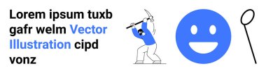 İletişim, soyut fikirler, tasarım, takım çalışması, sanat kavramları, neşeli ruh hali. Mavi mutlu yüz, kazmalı işçi ve basit siyah elementler. İletişim ve soyut fikirler