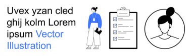 İş stratejisi, takım yönetimi, kadın liderlik, organizasyon, profesyonel roller, kişisel kimlik. Görüntü, kontrol listesinin yanında bir kadın ve dairesel bir vesikalık fotoğrafı içeriyor. İş stratejisi