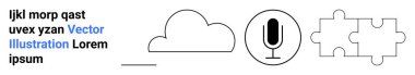 Dijital iletişim, takım çalışması, çevrimiçi bağlantı, bulut depolama, teknoloji ve problem çözme. Bulut, mikrofon ve yapboz parçalarının minimalist tasarımları. Çevrimiçi bağlantı ve takım çalışması