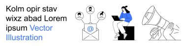 Dijital pazarlama, e-posta kampanyaları, ağ kurma, iletişim, markalaşma, online işbirliği. Dizüstü bilgisayarda çalışan bir kadın, profil resimli bir e-posta ikonu, megafon resmi. E- posta kampanyaları