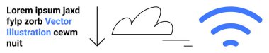 Bulut depolama, veri transferi, ağ, internet erişimi, bağlantı, çevrimiçi sistemler. Oklu ve mavi kablosuz ikonlu basit siyah bulut. Bulut depolama ve veri transfer kavramı