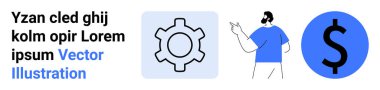 Alet ve işlemler için vites, iletişim için el kol hareketi yapan kişi, finans ya da iş için dolar. Strateji, verimlilik, para, takım çalışması, odak, endüstri için ideal. Basit iniş sayfası.