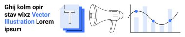 Digital marketing, advertising, data analysis, communication, business strategy, content creation. Megaphone, graph and text document icon. Digital marketing and advertising concept