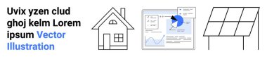 Yenilenebilir enerji, çevre dostu çözümler, veri yönetimi, akıllı evler, güneş teknolojisi, enerji verimliliği. Bir evin grafiği, grafik ve güneş panelleri olan bir veri paneli. Yenilenebilir enerji