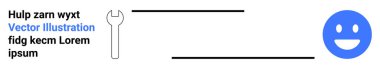 Araçlar, duygular, onarım, teknoloji, yaratıcılık, kavramlar. İngiliz anahtarı ve yer tutucu metni olan mavi mutlu bir yüz. Araçlar ve duygular onarımlar ve neşeli iletişim