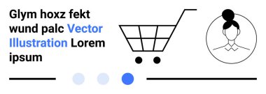 Alışveriş arabası ikonu, kadın kullanıcı profili ve metin, altyazılar ve noktalarla minimalist tasarım. E-ticaret, UIUX, çevrimiçi alışveriş, müşteri profili markalaştırma ve basit bir pazarlama için ideal