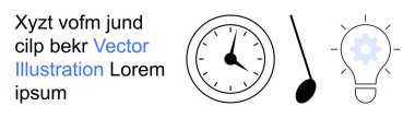 Zaman yönetimi, yenilik, ilerleme, yaratıcılık, verimlilik ve çözümler. Sarkaçlı bir saat, içinde teçhizat olan bir ampul ve rastgele lorem ipsum kelimeler. Zaman yönetimi ve yenilik kavramı