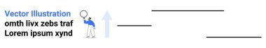 Ayrıntıları inceleyen büyüteç tutan bireysel tutucu, gelişmeyi ve büyümeyi temsil eden yukarı doğru ok. Araştırma, analitik, iş büyümesi, başarı, soruşturma, eğitim ve basit iniş için ideal