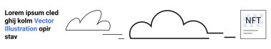 Dijital varlıklar, NFT sanat, bulut hesaplama, engelleme teknolojisi, veri depolama, yaratıcı tasarım. Metni ve NFT 'si olan minimal siyah beyaz bulutlar. NFT sanat ve bulut hesaplama kavramı