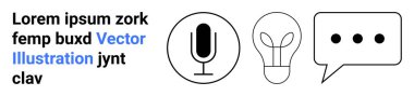 Yapay zeka, beyin fırtınası, iletişim, teknoloji, yenilik, dijital aletler. Mikrofon, ampul ve siyah beyaz konuşma balonu ikonları. Yapay zeka