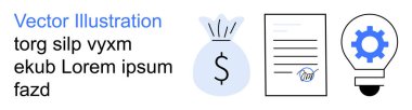 Finansal işlemler, ortaklıklar, anlaşmalar, yenilikçi fikirler, iş çözümleri, hedef planlaması. Para çantası, imza ve dişli ampul ikonu ile kontrat. Finansal anlaşmalar ve iş