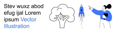 Yenilik, beyin fırtınası, sunumlar, proje yönetimi, karar verme, takım çalışması. Bir ağaç, havalanan bir roket ve tabletle işaret eden biri. Yenilik ve beyin fırtınası fikirleri kavramı