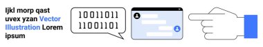 Dijital iletişim, kodlama, çevrimiçi etkileşim, yazılım geliştirme, kullanıcı arayüzü, teknoloji. Konuşma balonunda ikili kod, mesaj arayüzü ve işaret eden el. Dijital iletişim