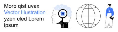 Yapay zeka, küresel iletişim, teknoloji, insan bağlantısı, yenilik, eğitim. Beyin çipi, küre ve elinde kağıtlar olan biri. Al ve küresel iletişim konsepti