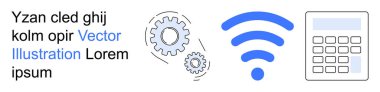 Otomasyon, bağlantı, teknoloji, hesaplamalar, veri alışverişi, mekanik. Vitesler, kablosuz sembol ve hesap makinesi simgesi. Görsel olarak gösterilen otomasyon ve bağlantı kavramları