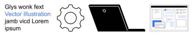 Teknoloji, web tasarımı, kullanıcı arayüzü, dijital araçlar, mühendislik, yenilik. Vites simgesi, laptop silueti ve UI kablo modellemeleri minimalist tarzda. Teknoloji ve web tasarım kavramları