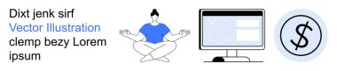 İş hayatı dengesi, finansal planlama, meditasyon, online çalışma, stres yönetimi, verimlilik. Bilgisayar ve dolar ikonu yanında meditasyon yapan bir kadın. İş hayatı dengesi ve finansal başarı kavramı