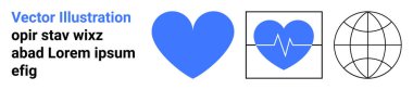 Sağlık, küresel bağlantı, kalp sağlığı, kardiyoloji, ağ oluşturma, veri görselleştirme. Mavi bir kalp, bir kalp atışı ikonu ve bir dünya çizgisi. Sağlık ve küresel bağlantı kavramları