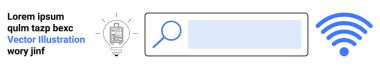 Çevrimiçi tarama, internet arama, fikir üretimi, kablosuz teknoloji, dijital yenilik, iletişim. Büyüteçle arama çubuğu, ampul çizimi mavi kablosuz sembol. İnternet
