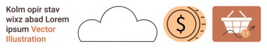 Bulut deposu, finansal tasarruflar, çevrimiçi alışveriş, dijital para birimi, internet hizmetleri, pazar büyümesi. Simgeler bir bulut, dolar işaretli bir bozuk para ve oklu bir alışveriş arabası gösteriyor. Bulut