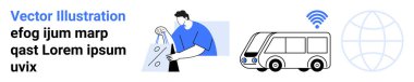 Ulaşım, bağlantı, akıllı şehir planlaması, küresel iletişim, toplu taşıma, ekolojik yenilik. Elinde malzeme tutan adam, kablosuz küresi olan otobüs. Ulaşım ve bağlantı teması