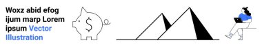 Finansal planlama, tasarruflar, yaratıcı beyin fırtınası, uzak çalışma, minimalist tasarım, teknoloji kullanımı. Dolar sembollü domuz kumbarası, geometrik piramitler ve dizüstü bilgisayarda çalışan kadın. Finansal