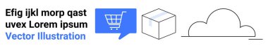 E-ticaret, çevrimiçi perakende, bulut deposu, lojistik, dijital pazarlama, iletişim. Alışveriş arabalı mavi konuşma balonu, karton kutu, basit bulut simgesi. E-ticaret ve çevrimiçi perakende konsepti