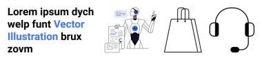 Yapay zeka, e-ticaret, müşteri hizmetleri, dijital iletişim, alışveriş desteği, veri analizleri. Robot asistan, alışveriş çantası ve kulaklık ikonu. Yapay zeka ve e-ticaret