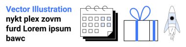 Organizasyon, programlama, hedef belirleme, kutlamalar, sürpriz hediyeler, yenilik. Takvim, hediye kutusu ve roket. Etkinlik organizasyonu ve kutlama konsepti