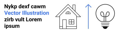 Gayrimenkul, yenilik, sürdürülebilirlik, enerji verimliliği, yaratıcılık, ilerleme. Minimalist ev, yukarı doğru ok ve ampul ikonu. Yenilik ve enerji verimliliği kavramsal görüntüleme