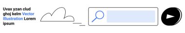 Bulut hesaplama, çevrimiçi hizmetler, web aramaları, navigasyon araçları, kullanıcı etkileşimi, teknoloji çözümleri. Bir bulut, arama çubuğu ve minimalist doğrusal oynatma tuşu. Bulut hesaplama ve çevrimiçi