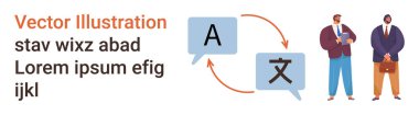 Dil öğrenme, küresel iletişim, çeviri araçları, çok dilli takım çalışması, kurumsal eğitim, uluslararası iş. Konuşma baloncukları ve iş adamları. Dil öğrenimi ve küresel