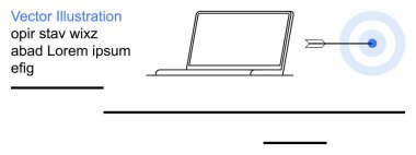 İş başarısı, dijital pazarlama, strateji, teknoloji hedefleri, hassasiyet, veri analizi. Hedefe ok atan bir dizüstü bilgisayar. İş başarısı ve dijital pazarlama kavramı